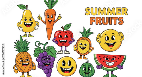 Whimsical Summer Fruits and Vegetables Cartoon Characters for Vibrant Designs