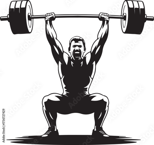Black and white illustration of a muscular man lifting a heavy barbell overhead in a squat position weightlifting