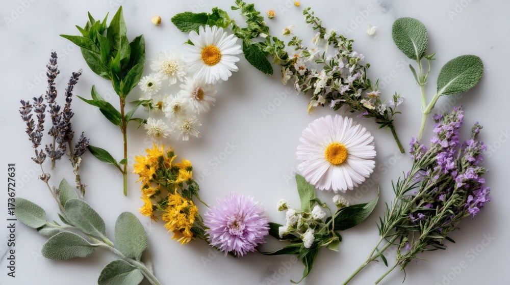 Fototapeta premium Variety of colorful fresh herbs and flowers arranged in circle on white background