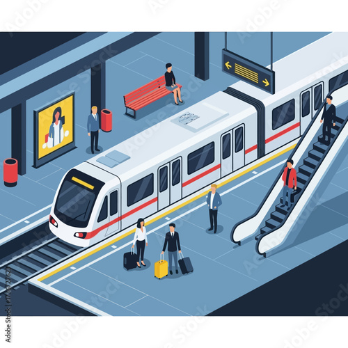 Modern Urban Transportation Hub Featuring Commuters Boarding a High-Speed Train on an Elevated Platform with Escalators and Advertising Displays