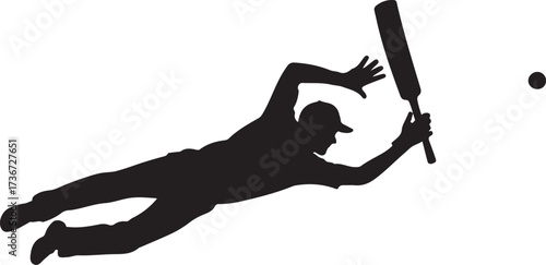Black silhouette of a baseball player diving to catch a ball with a bat vector