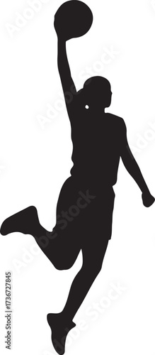 Black silhouette of a female basketball player dunking a ball woman