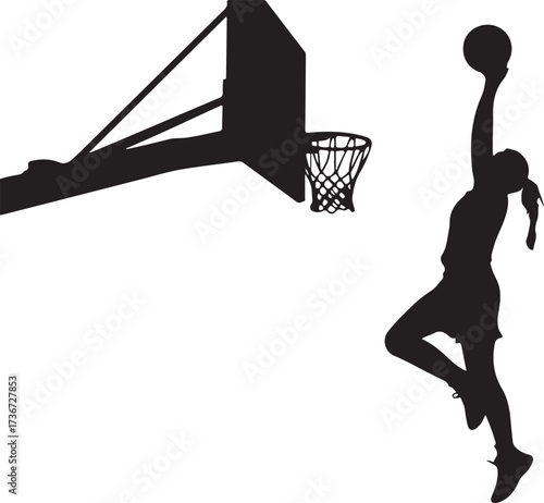 Black silhouette of a female basketball player jumping to dunk a ball on a white background woman girl