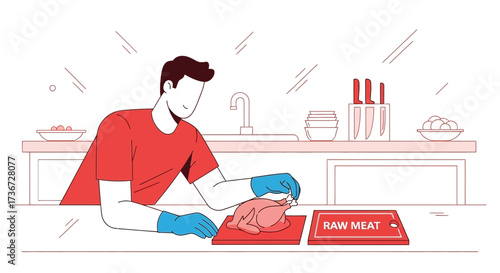 Man Prepares Chicken On Cutting Board In Modern Kitchen Illustration Artwork