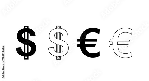 Visual Representation of Dollar and Euro Currency Symbols in Black and White Outlines
