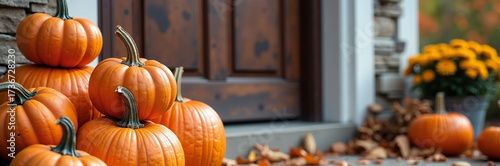 Pumpkin harvest displayed near wooden door. Pumpkin harvest in autumn season includes pumpkins of different sizes and yellow chrysanthemum flowers in pot.