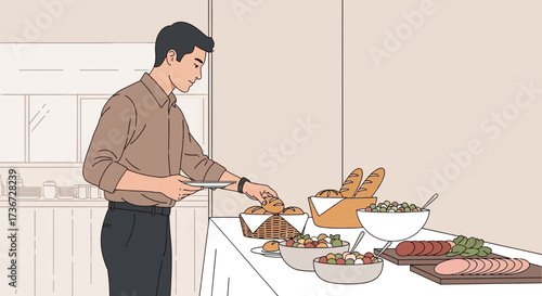 Person Choosing Food From A Buffet Table With Various Bread, Meat, and Salad Options