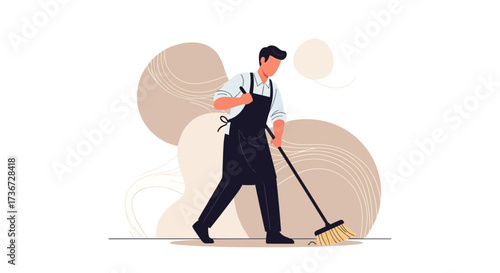 Person Cleaning Floor With Broom In Modern Apron Vector Illustration Style