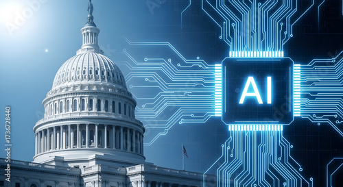 United states capitol building with ai chip and digital circuitry overlay