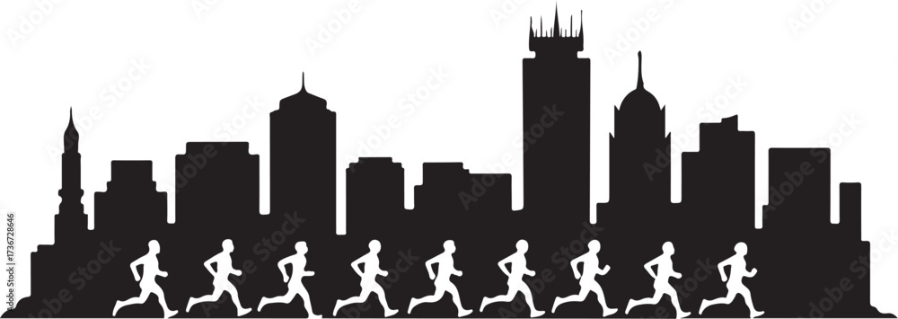 Obraz premium Black silhouette of runners in motion against a city skyline running marathon