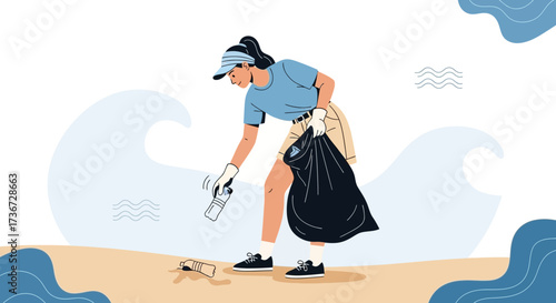 Person cleaning up the beach from trash saving the enviroment concept art