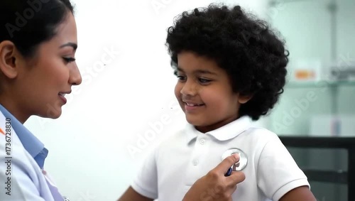 Doctor using stethoscope on smiling child in clinic.