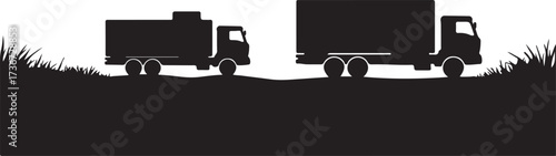 Black silhouette of two trucks on a grassy hill with white background lorry transport