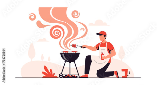 Man Preparing BBQ, Enjoying Outdoor Cooking, And Grilling During Summertime
