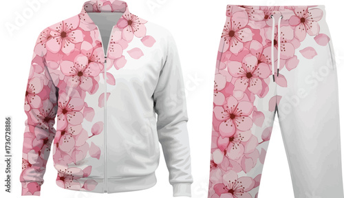 White tracksuit with pink cherry blossom pattern jacket and pants on a white background isolated