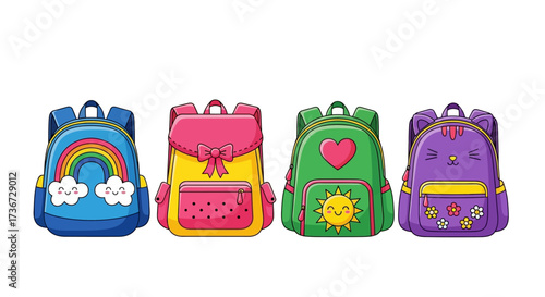 Collection of Four Adorable and Colorful Backpacks Designed for Young Children Ready for School Adventures