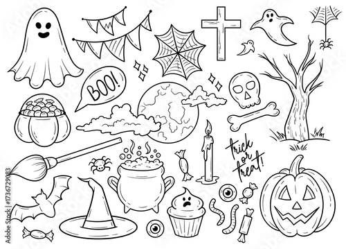 Halloween doodles vector illustration, Halloween isolated clip art, black and white line art cute drawings, hand drawn spooky stickers outline drawings, tattoo doodle illustration, October contours