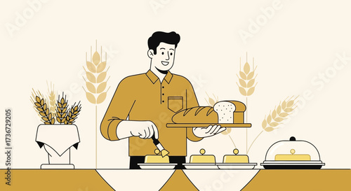 Man Preparing Bread and Butter in a Bakery, Breakfast or Culinary Theme