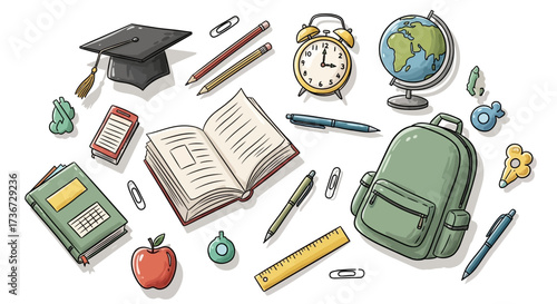 Colorful Collection of School Supplies and Educational Tools Arranged Artistically on a White Background