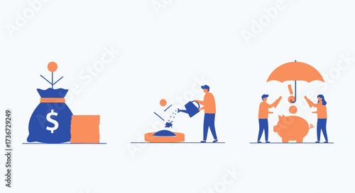 Illustrations depicting financial growth investment and savings with people nurturing plants and protecting money