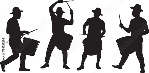 Four black silhouettes of men wearing hats playing drums with sticks drummer