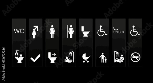 A Collection of Universal Signage Icons for Public Restrooms and Facilities Showing Various User Needs and Accessibility Options