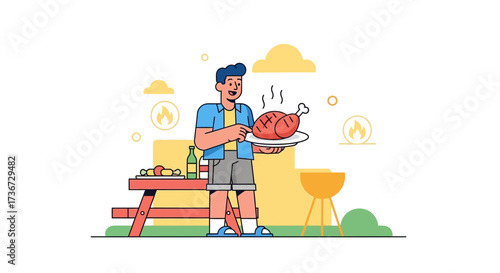 Man Preparing Food at Cookout, Freshly Grilled Chicken on Plate Illustration