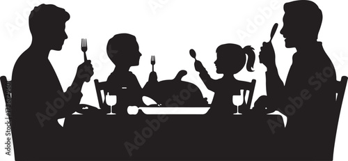 Silhouette of a family gathered around a table for a meal with a roasted turkey dinner