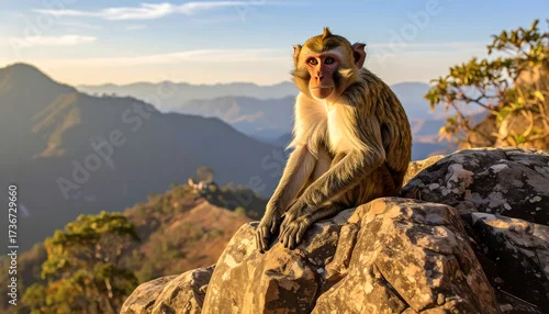 Fototapeta samoprzylepna A monkey sits serenely on a rocky summit, overlooking a vast mountain range bathed in golden light.