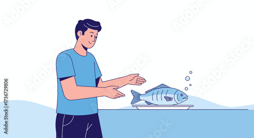 Man Presenting Freshly Caught Fish on a Plate In Preparation For Cooking
