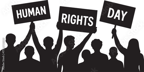 Silhouettes of people holding signs that say Human Rights Day protest demonstration 1