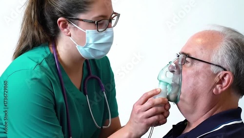 Nurse adjusting oxygen mask for senior man