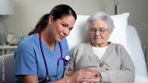Nurse comforting elderly patient holding hands