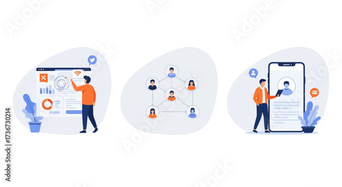 Illustrations depicting digital marketing and social media strategies for business growth and user engagement