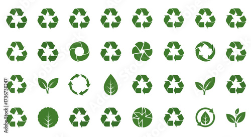 A Collection of Various Green Recycling Symbols and Environmental Icons Representing Sustainability and Eco-Friendly Practices