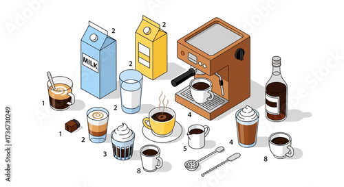 An Assortment of Coffee Beverages Prepared with Milk and Sweeteners Using Modern Espresso Machines and Tools