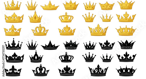 Collection of Regal Golden and Black Crowns Featuring Intricate Designs and Royal Emblems Suitable for Various Decorative Purposes