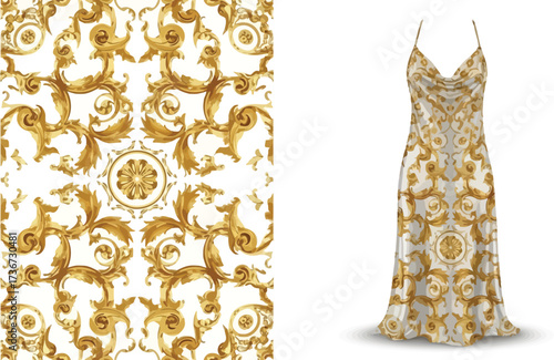A white dress with a gold baroque pattern and a baroque pattern background on a white background