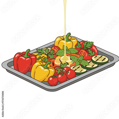 Colorful vegetables drizzled with oil on a baking tray  