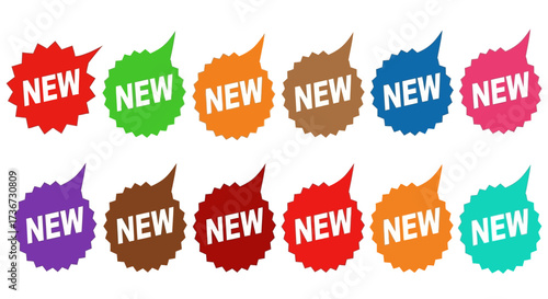 Collection of colorful starburst shaped badges with the word NEW in white letters on a light background promoting new products and sales events