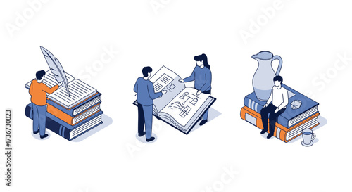 Illustrations depicting people engaging with educational materials and historical artifacts in a stylized isometric view