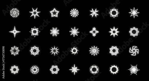 A Collection of Intricate Geometric Abstract Starburst and Snowflake Designs on a Black Background Representing Digital Art and Graphic Elements
