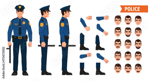 Collection of Police Officer Illustrations Showing Various Poses and Facial Expressions for Animation and Design Projects