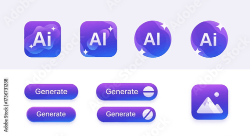 Creative Artificial Intelligence Icon Designs and Generation Button Styles for Digital Applications and User Interfaces