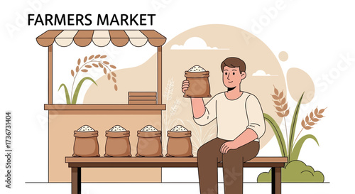 Local Farmers Market Scene Featuring Agriculture Products, Man Holding Sack, And Stall Display
