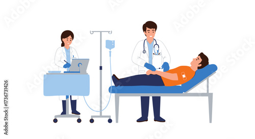 Medical professionals providing care and treatment to a patient receiving an intravenous infusion on a hospital bed