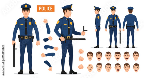 Character Design Sheet For Police Officer With Various Poses and Expressions for Animation and Illustration Projects