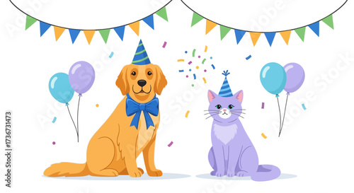 Adorable Dog and Cat Celebrate Together Wearing Party Hats With Balloons and Confetti