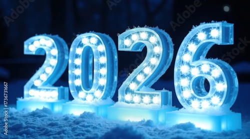 Glowing blue numbers 2026 illuminated with lights in the snow