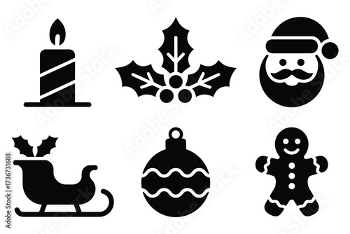 Christmas holiday icons set silhouette simple festive objects candle holly santa sleigh ornament gingerbread man